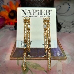 NWT Vintage 90s Napier Gold Tone & Rhinestone Dangly Sparkly Drop Earrings